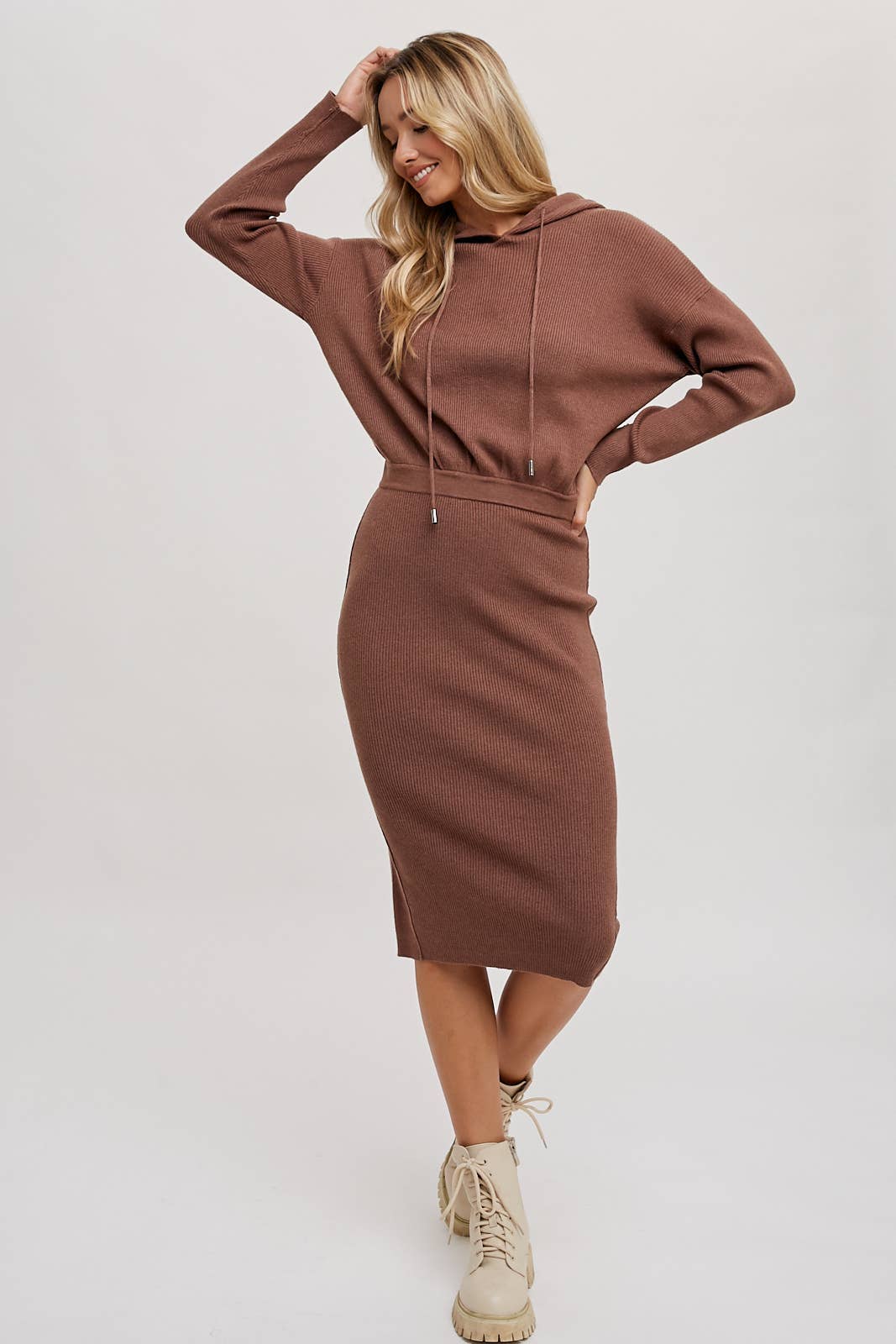 Ribbed Sweater Hoodie Dress - Mocha-Casual Dresses- Hometown Style HTS, women's in store and online boutique located in Ingersoll, Ontario
