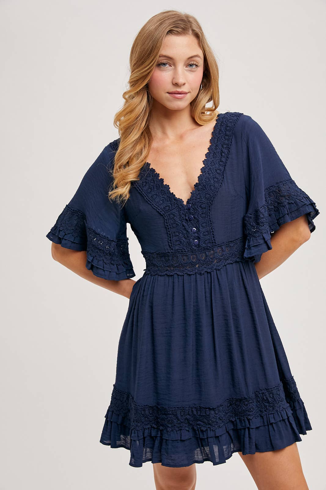 V-Neck Lace Dress Open Back - Navy-Casual Dresses- Hometown Style HTS, women's in store and online boutique located in Ingersoll, Ontario
