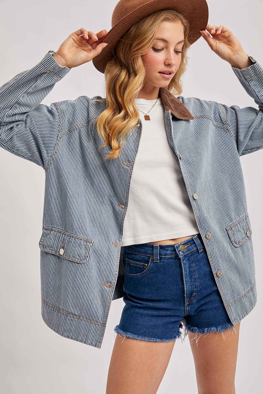 Denim Corduroy Collar Contrast Barn Coat-Coat & Jackets- Hometown Style HTS, women's in store and online boutique located in Ingersoll, Ontario