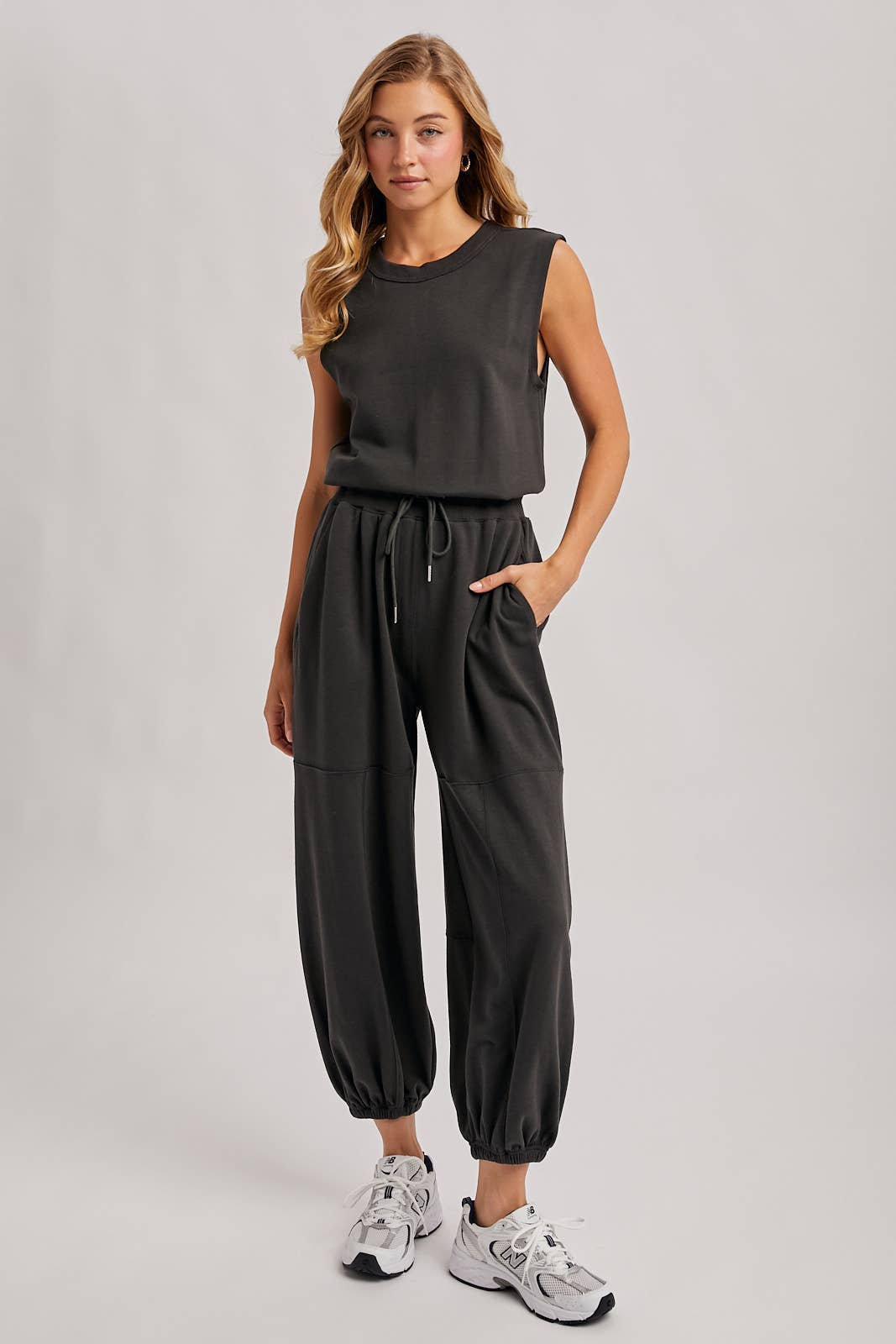 Drawstring Waist Sleeveless Knit Active Jumpsuit-Bottoms- Hometown Style HTS, women's in store and online boutique located in Ingersoll, Ontario