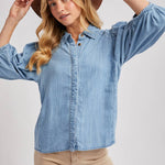 Denim Button Down Puff Sleeved Shirt-Casual Tops- Hometown Style HTS, women's in store and online boutique located in Ingersoll, Ontario