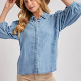 Denim Button Down Puff Sleeved Shirt-Casual Tops- Hometown Style HTS, women's in store and online boutique located in Ingersoll, Ontario