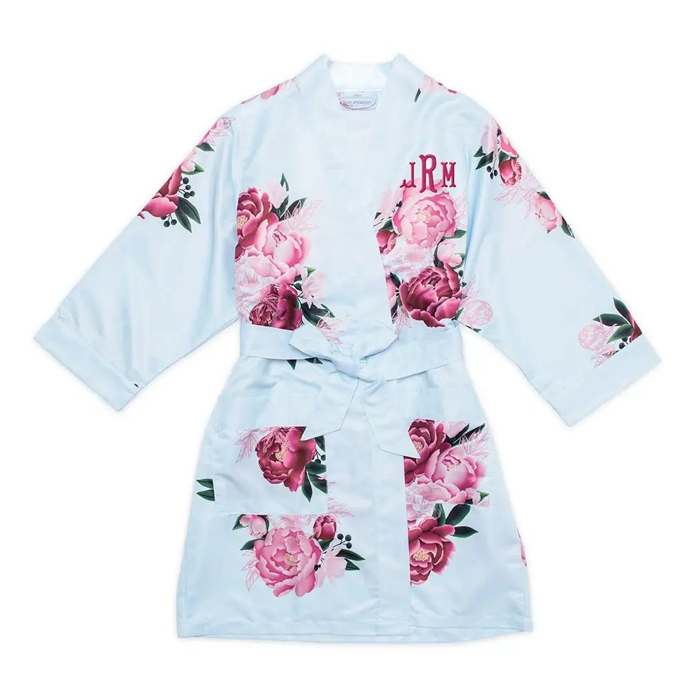Women's Floral Satin Robe with Pockets-Light Blue&Red Blooms-Intimates- Hometown Style HTS, women's in store and online boutique located in Ingersoll, Ontario