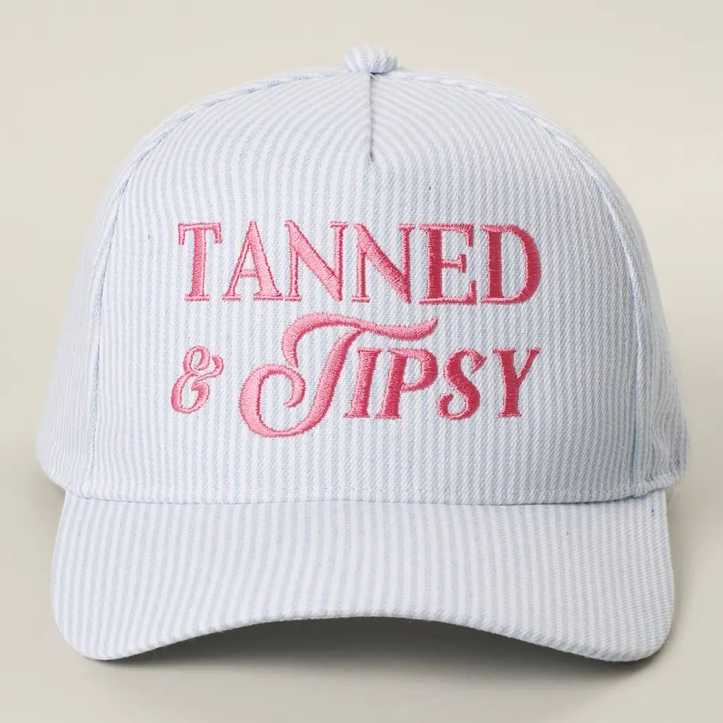 Tanned & Tipsy Embroidered Seersucker Stripe Trucker Hat-Gifts & Accessories- Hometown Style HTS, women's in store and online boutique located in Ingersoll, Ontario