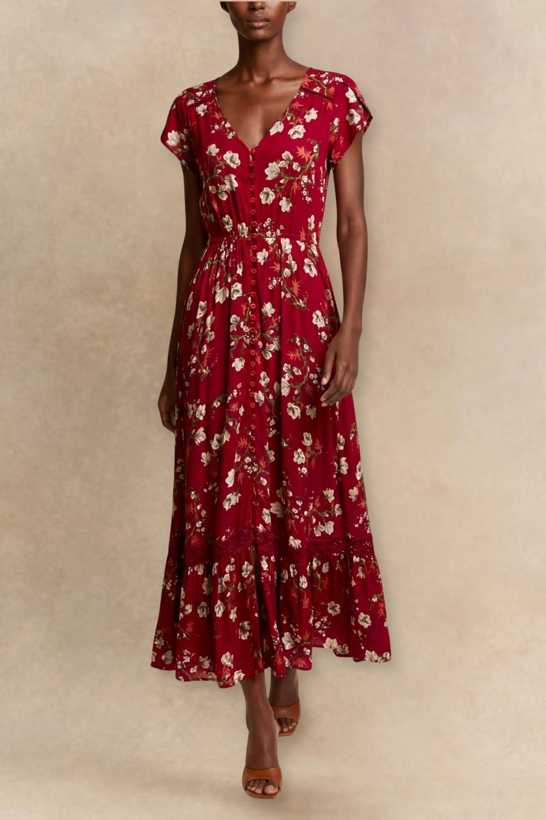 Garance Floral Button-Front Midi Dress with Short Sleeves-Special Occasion Dresses- Hometown Style HTS, women's in store and online boutique located in Ingersoll, Ontario