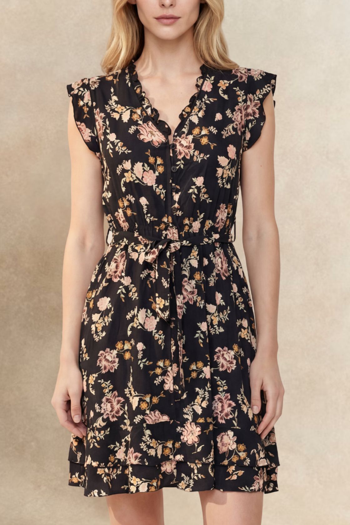 Natasha Short Floral Dress Pockets Belted Ruffle Trim-Special Occasion Dresses- Hometown Style HTS, women's in store and online boutique located in Ingersoll, Ontario