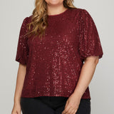 Sequin Half Puff Sleeve Sequin Top - Red-Tops- Hometown Style HTS, women's in store and online boutique located in Ingersoll, Ontario