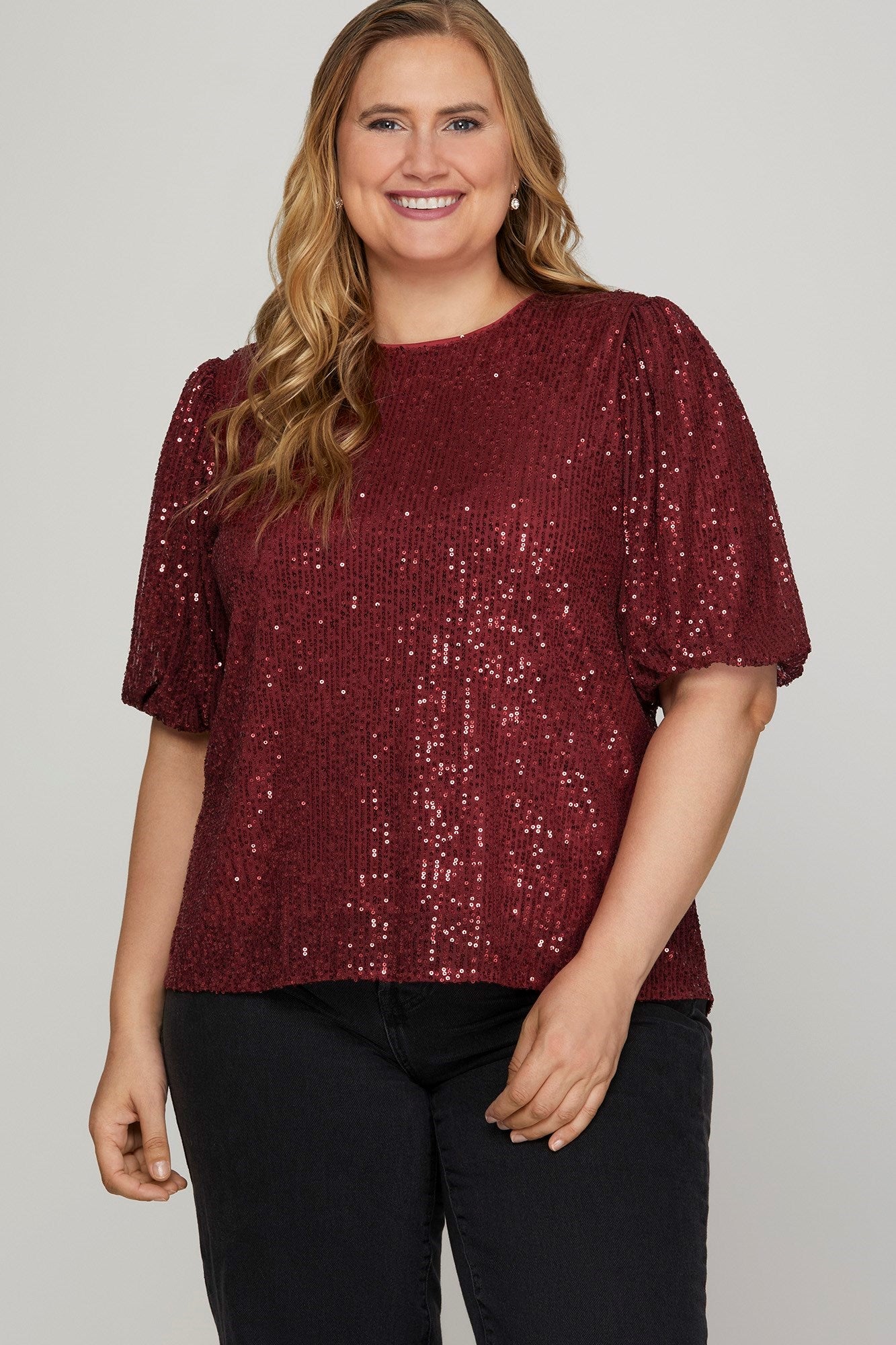 Sequin Half Puff Sleeve Sequin Top - Red-Tops- Hometown Style HTS, women's in store and online boutique located in Ingersoll, Ontario