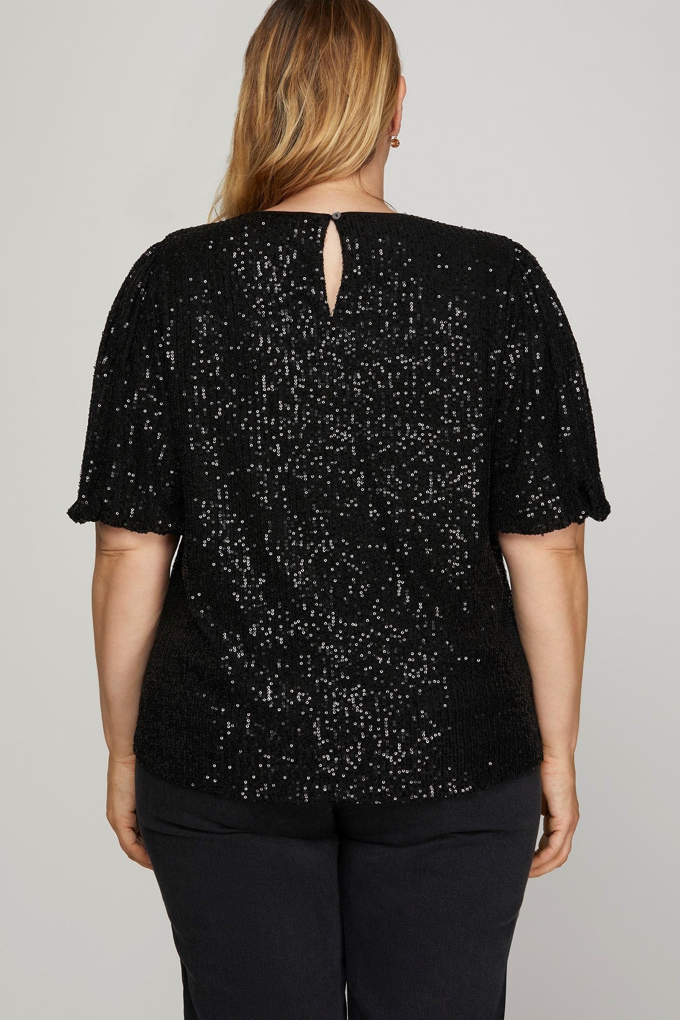 Sequin Half Puff Sleeve Sequin Top - Black-Tops- Hometown Style HTS, women's in store and online boutique located in Ingersoll, Ontario