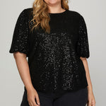 Sequin Half Puff Sleeve Sequin Top - Black-Tops- Hometown Style HTS, women's in store and online boutique located in Ingersoll, Ontario