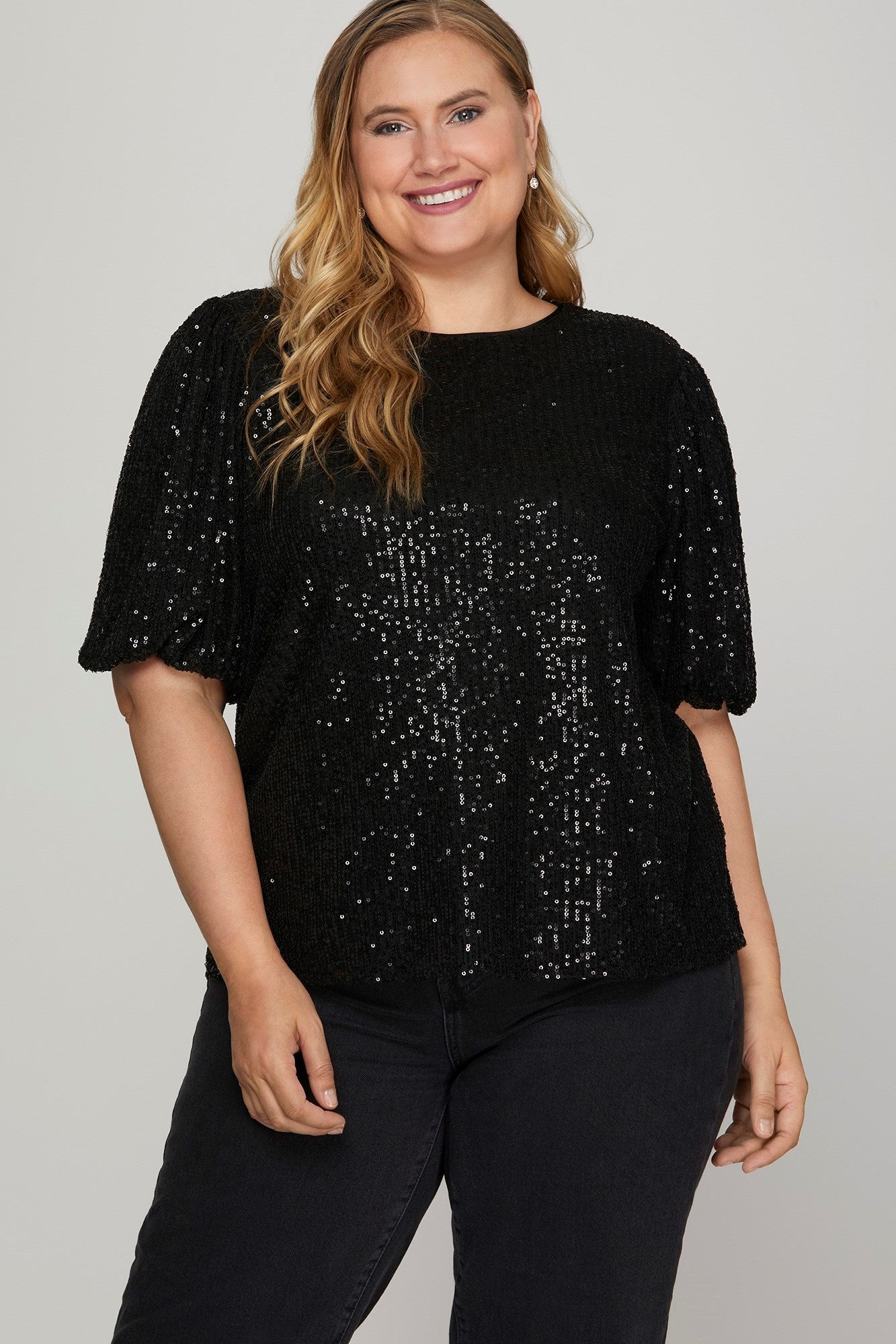 Sequin Half Puff Sleeve Sequin Top - Black-Tops- Hometown Style HTS, women's in store and online boutique located in Ingersoll, Ontario