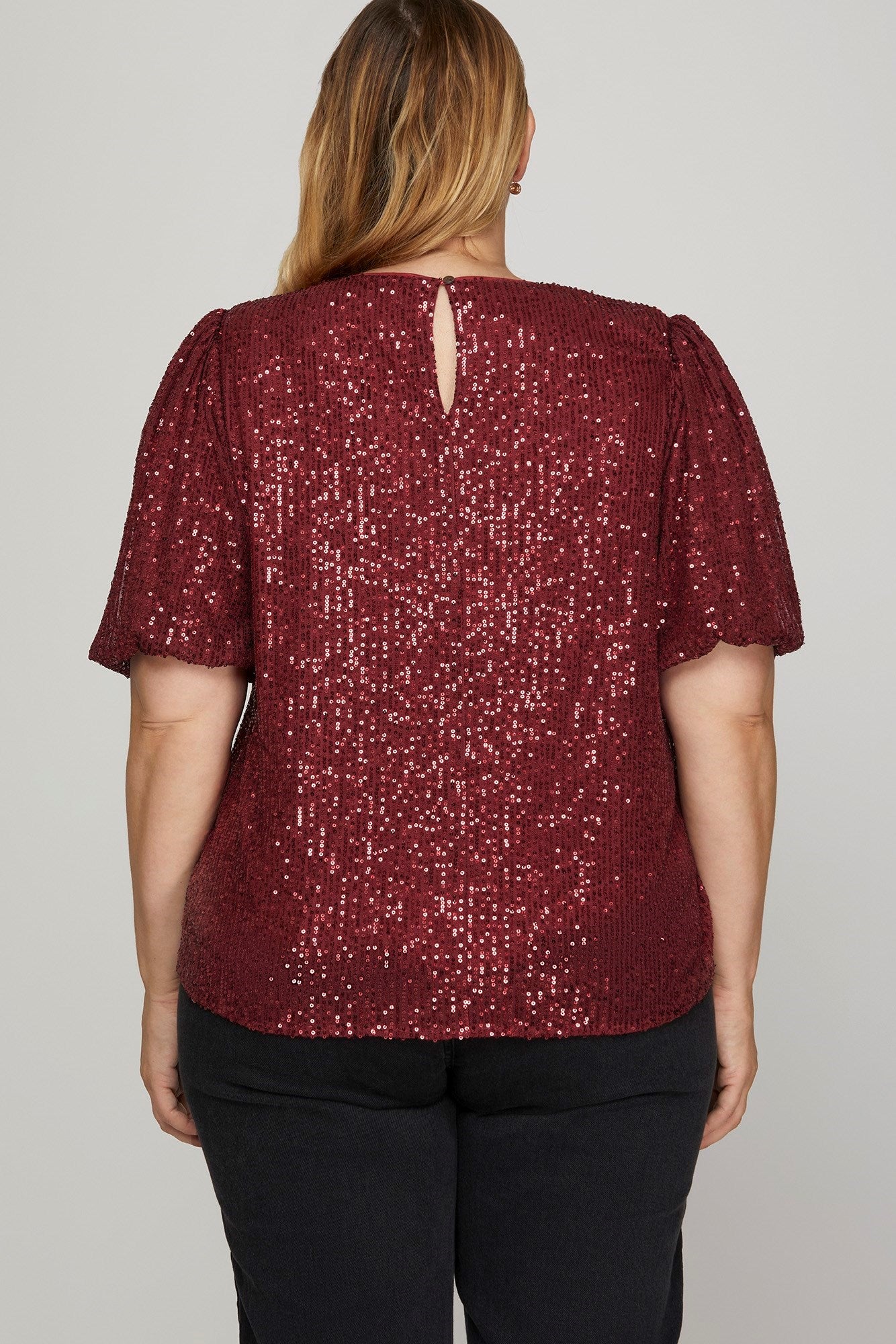 Sequin Half Puff Sleeve Sequin Top - Red-Tops- Hometown Style HTS, women's in store and online boutique located in Ingersoll, Ontario