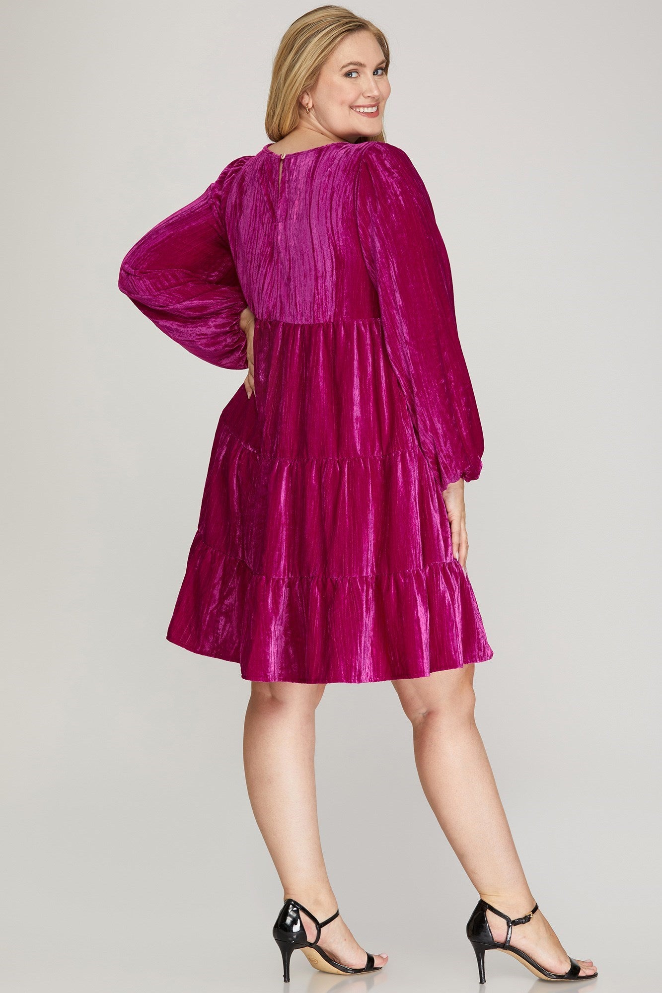 Velvet Tiered Dress - Magenta Pink - EX-Dress- Hometown Style HTS, women's in store and online boutique located in Ingersoll, Ontario