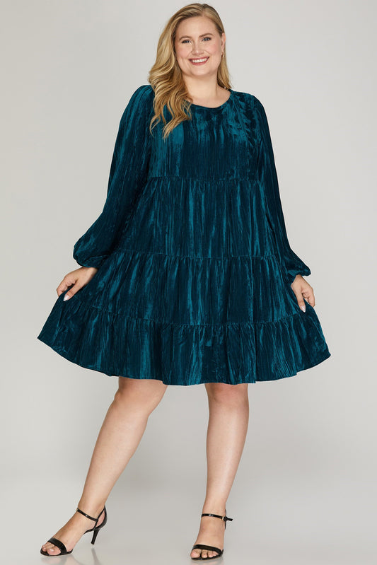 Velvet Tiered Dress - Teal - EX-Dress- Hometown Style HTS, women's in store and online boutique located in Ingersoll, Ontario