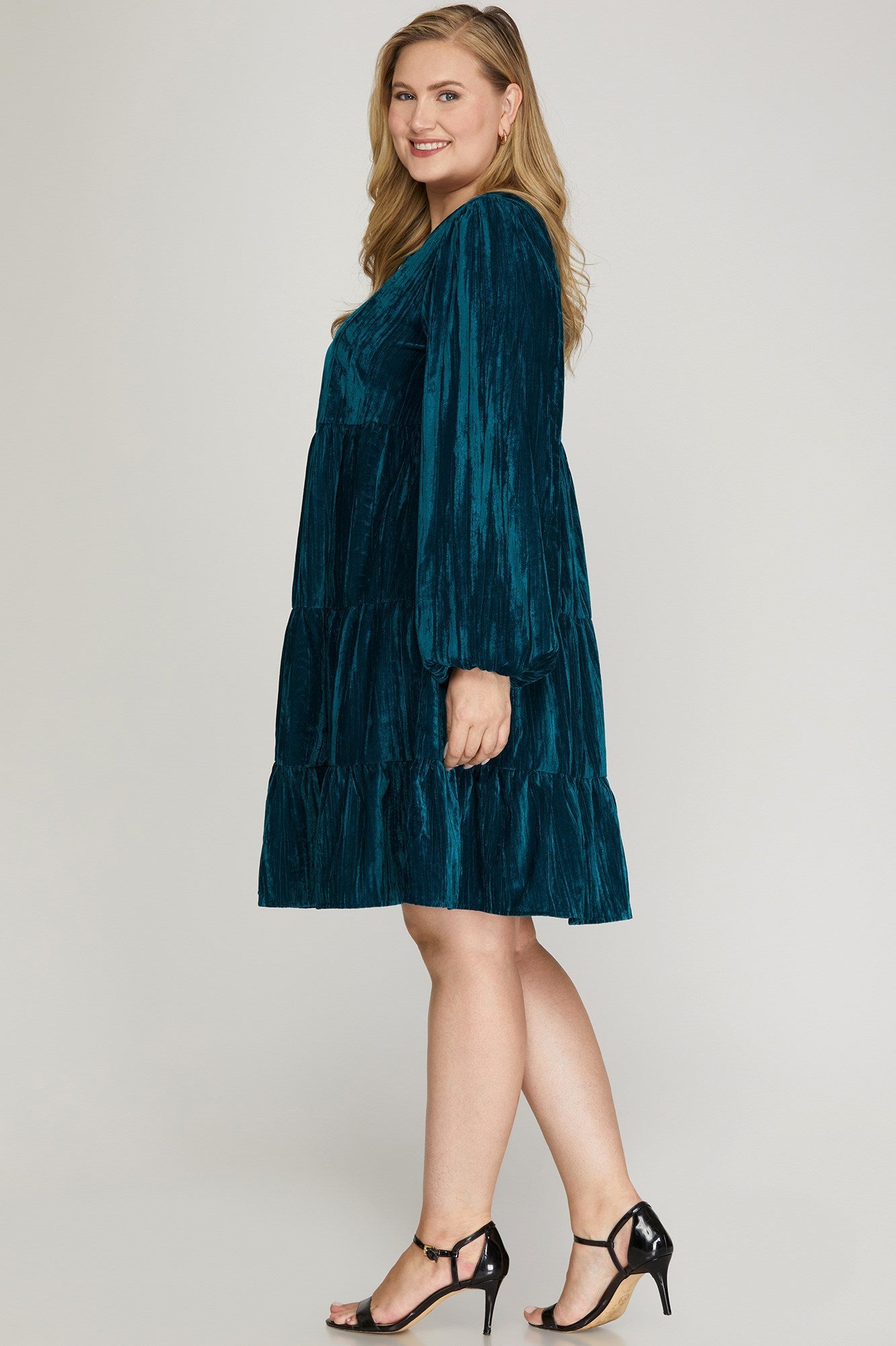 Velvet Tiered Dress - Teal - EX-Dress- Hometown Style HTS, women's in store and online boutique located in Ingersoll, Ontario
