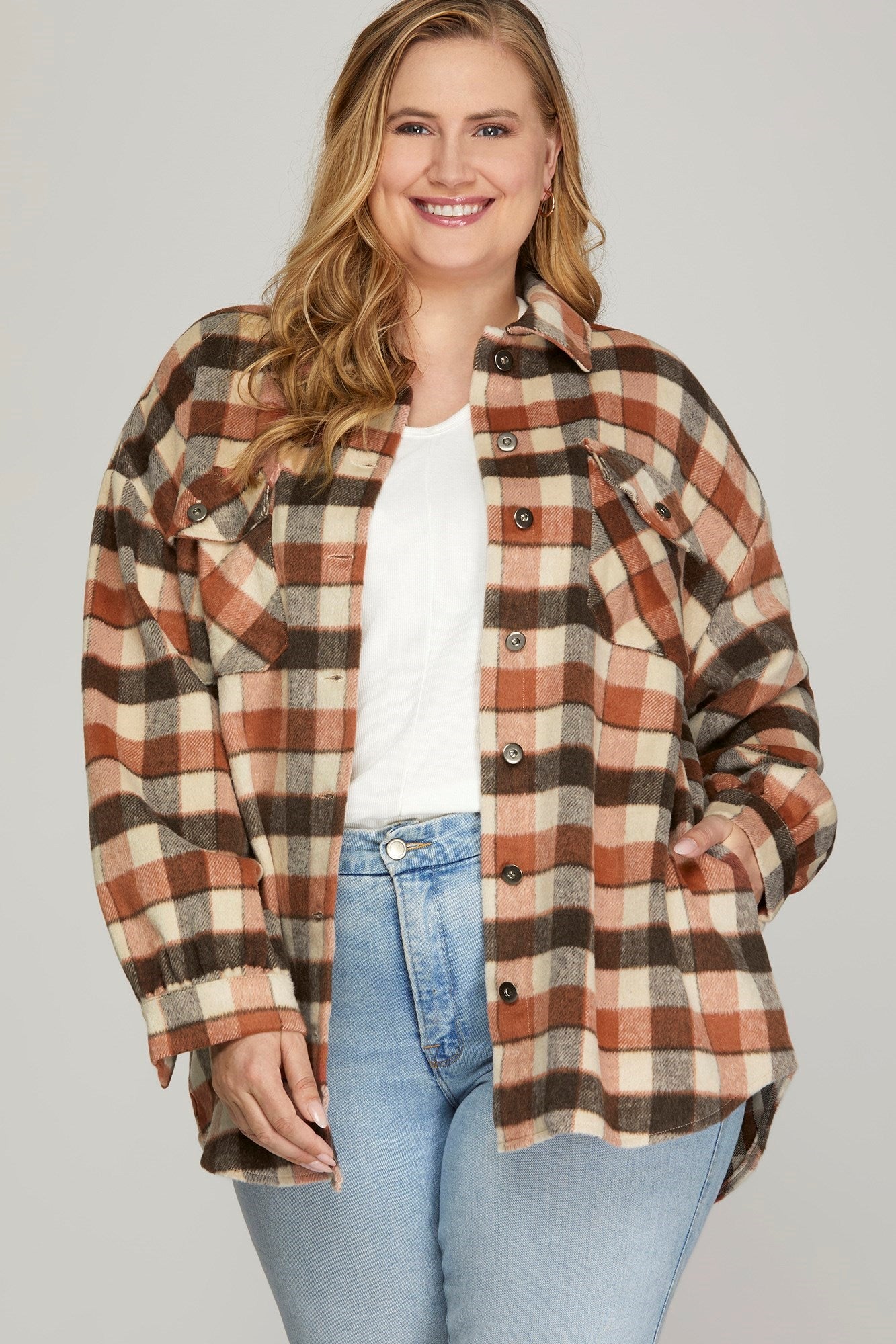 Plaid Shacket - Cinnamon-jacket- Hometown Style HTS, women's in store and online boutique located in Ingersoll, Ontario