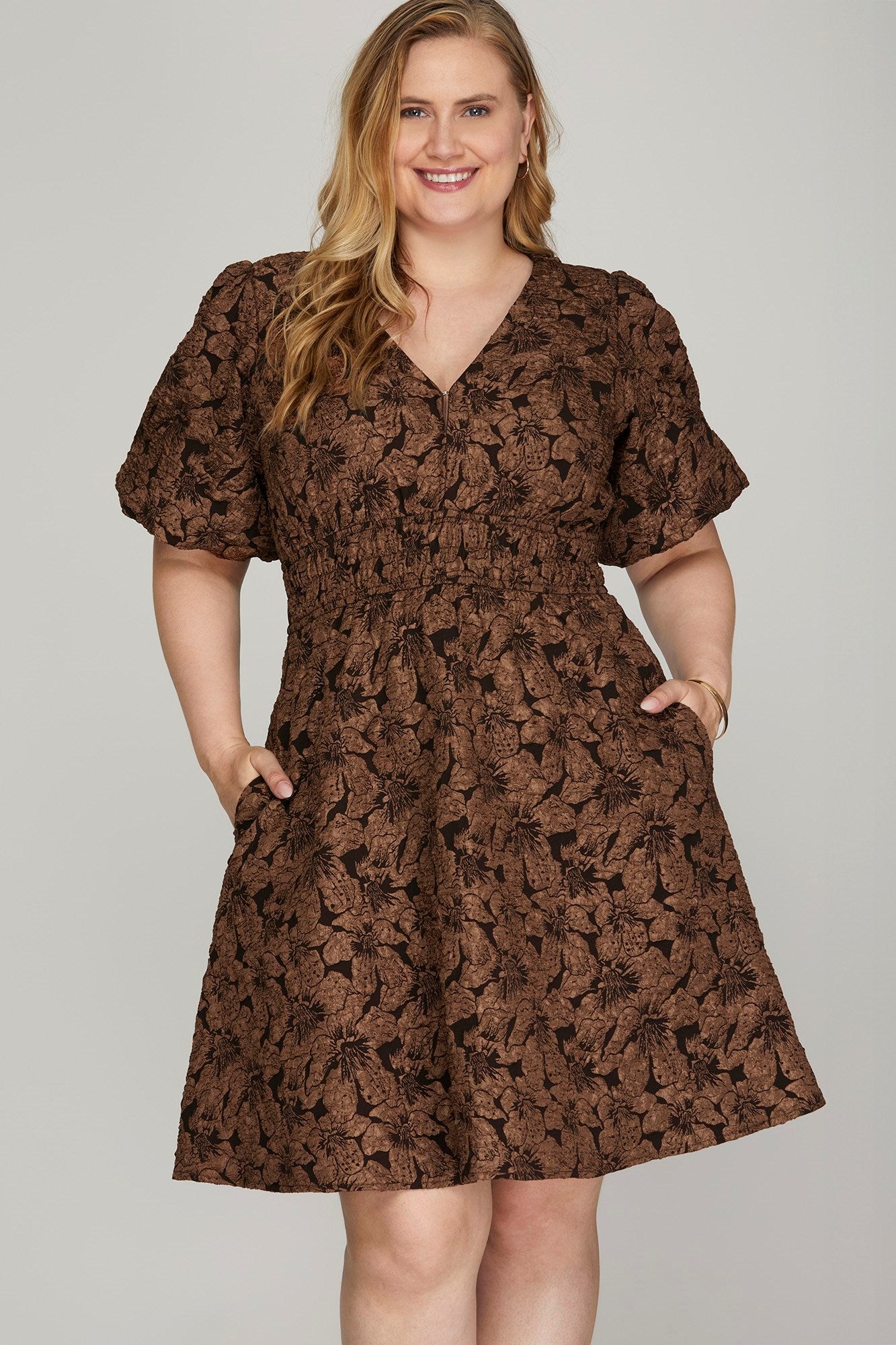 Balloon Sleeve Floral Dress - Brown-dress- Hometown Style HTS, women's in store and online boutique located in Ingersoll, Ontario