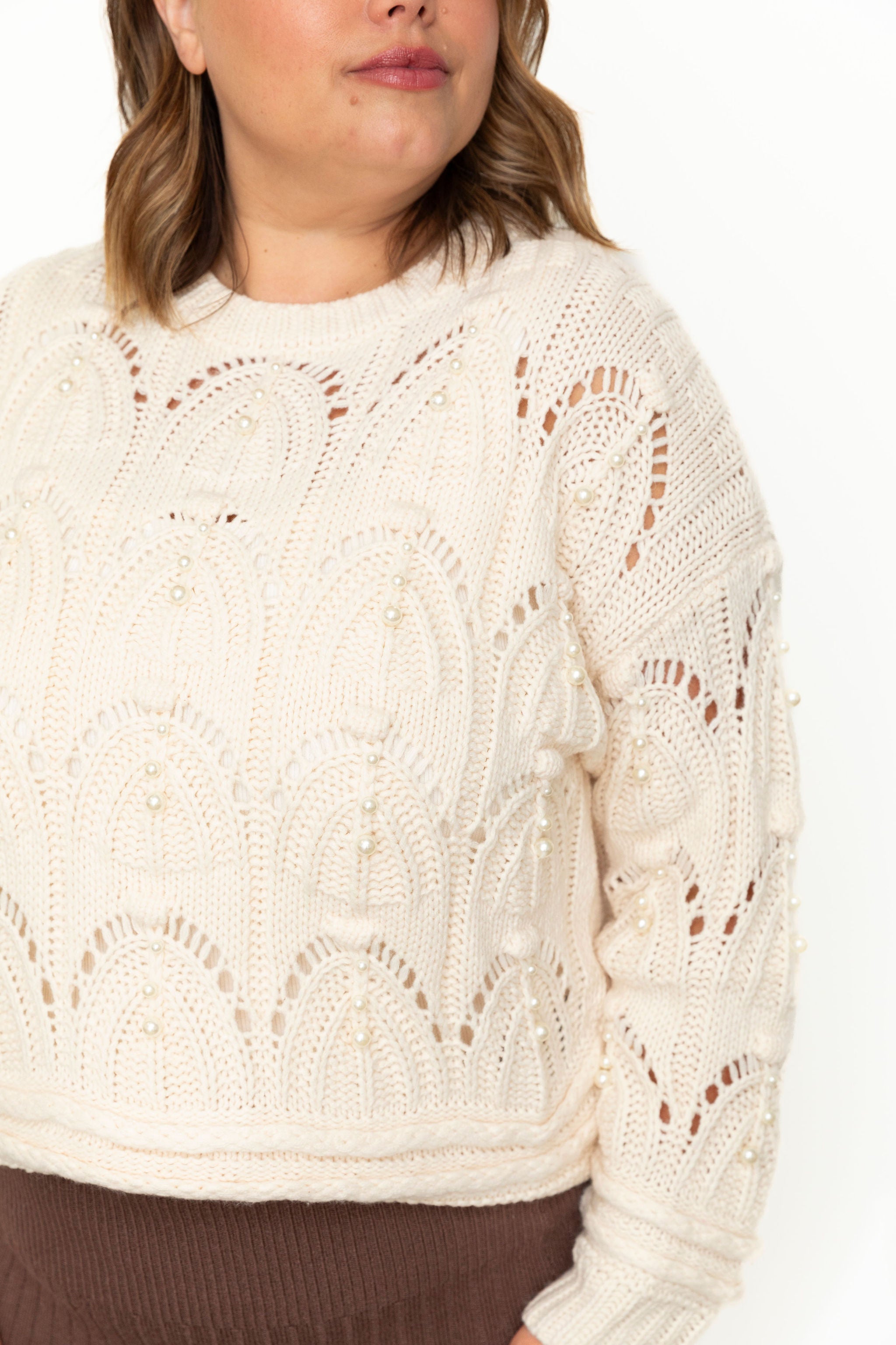 Patterned Pearl Trim Sweater - Cream-sweater- Hometown Style HTS, women's in store and online boutique located in Ingersoll, Ontario