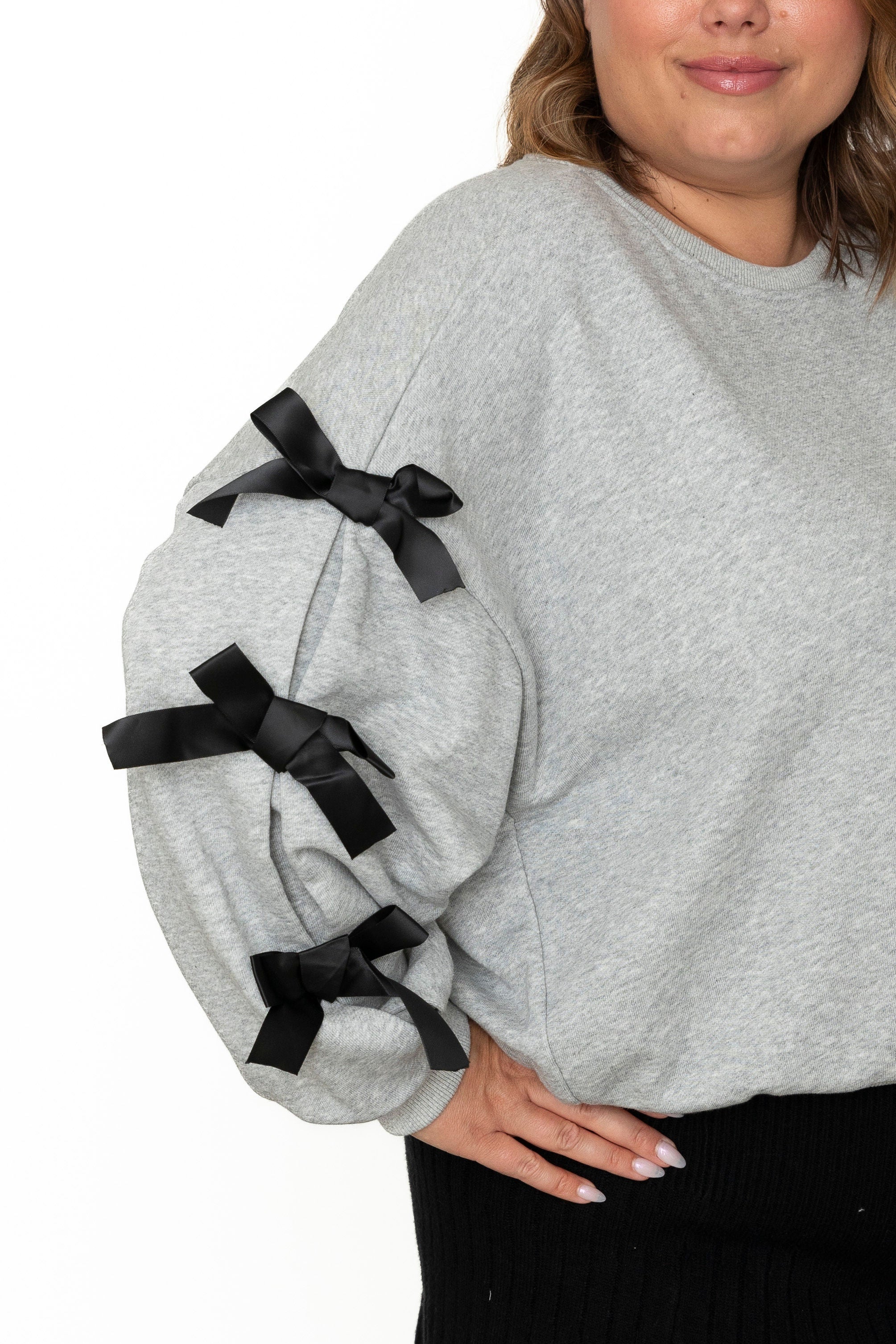 Ribbon Bow Sweatshirt - Heather Grey-Sweater- Hometown Style HTS, women's in store and online boutique located in Ingersoll, Ontario