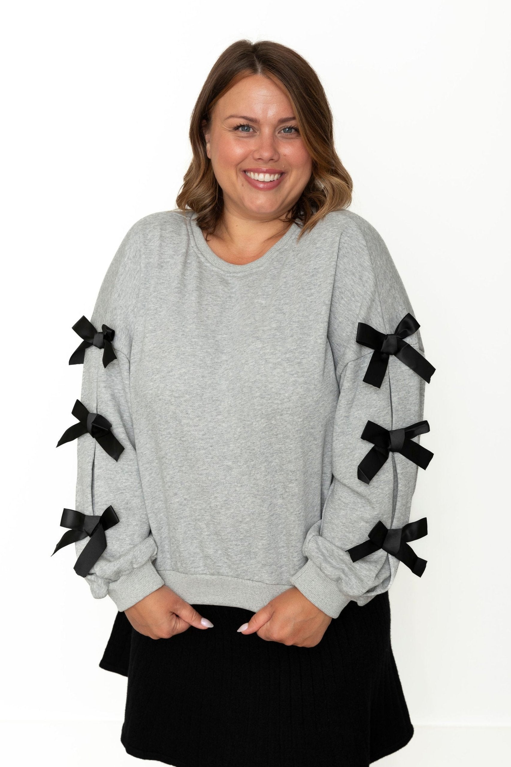 Ribbon Bow Sweatshirt - Heather Grey-Sweater- Hometown Style HTS, women's in store and online boutique located in Ingersoll, Ontario