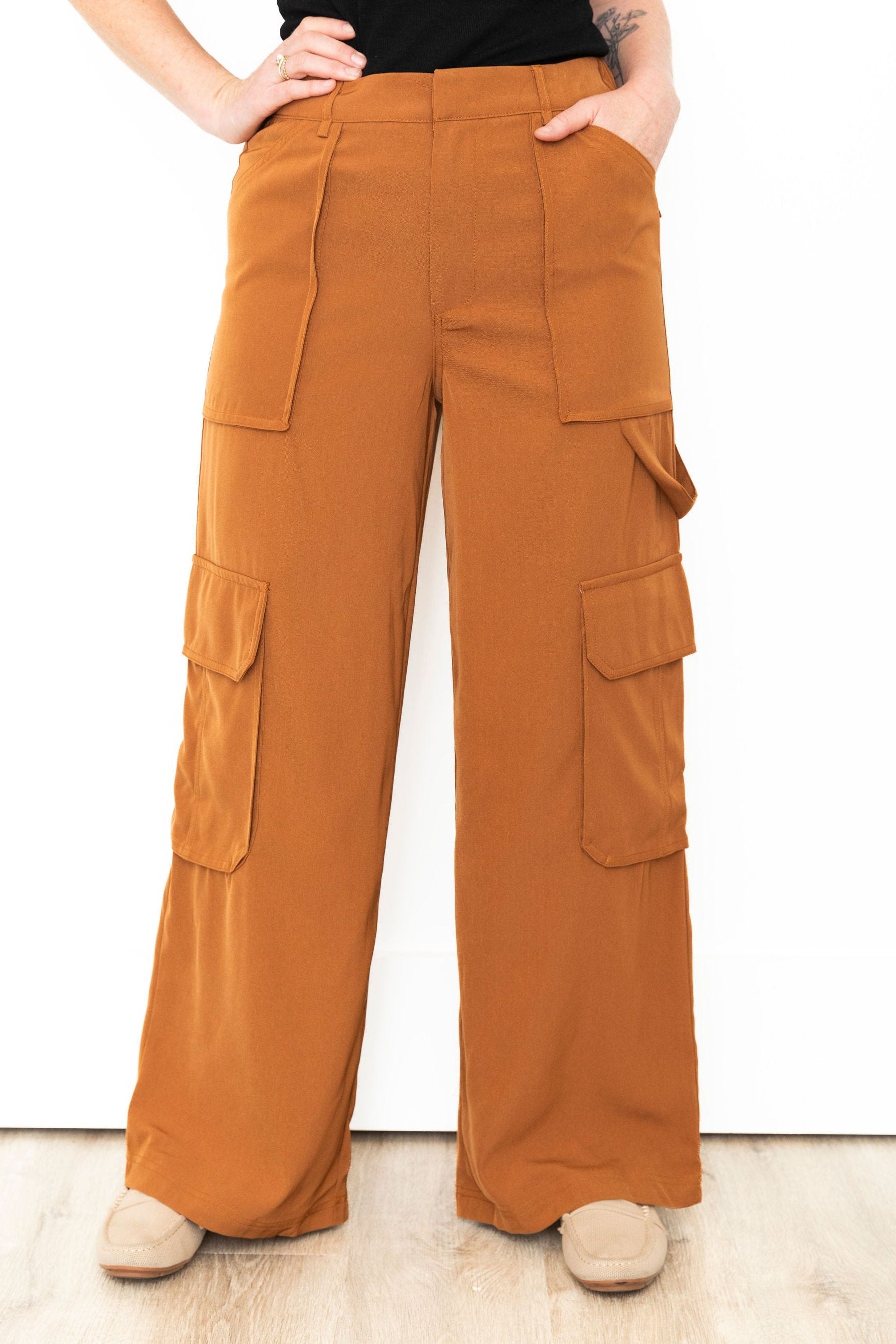 High Waist Cargo Pants - Camel-dress pants- Hometown Style HTS, women's in store and online boutique located in Ingersoll, Ontario