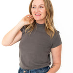 Mock Neck Knit Tee - Charcoal-Tops- Hometown Style HTS, women's in store and online boutique located in Ingersoll, Ontario