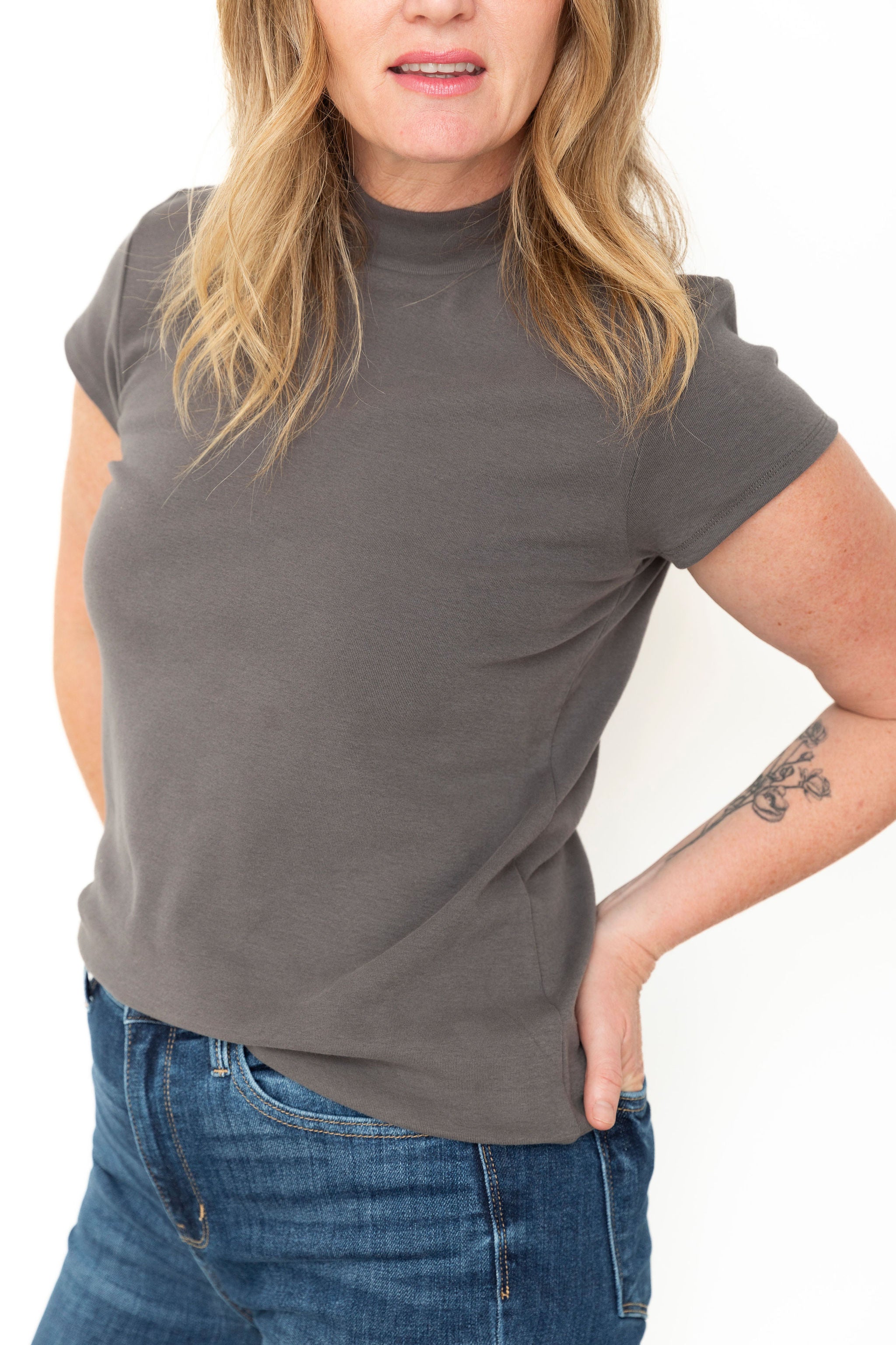 Mock Neck Knit Tee - Charcoal-Tops- Hometown Style HTS, women's in store and online boutique located in Ingersoll, Ontario