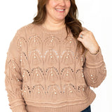 Patterned Pearl Trim Sweater - Light Mocha-Sweater- Hometown Style HTS, women's in store and online boutique located in Ingersoll, Ontario