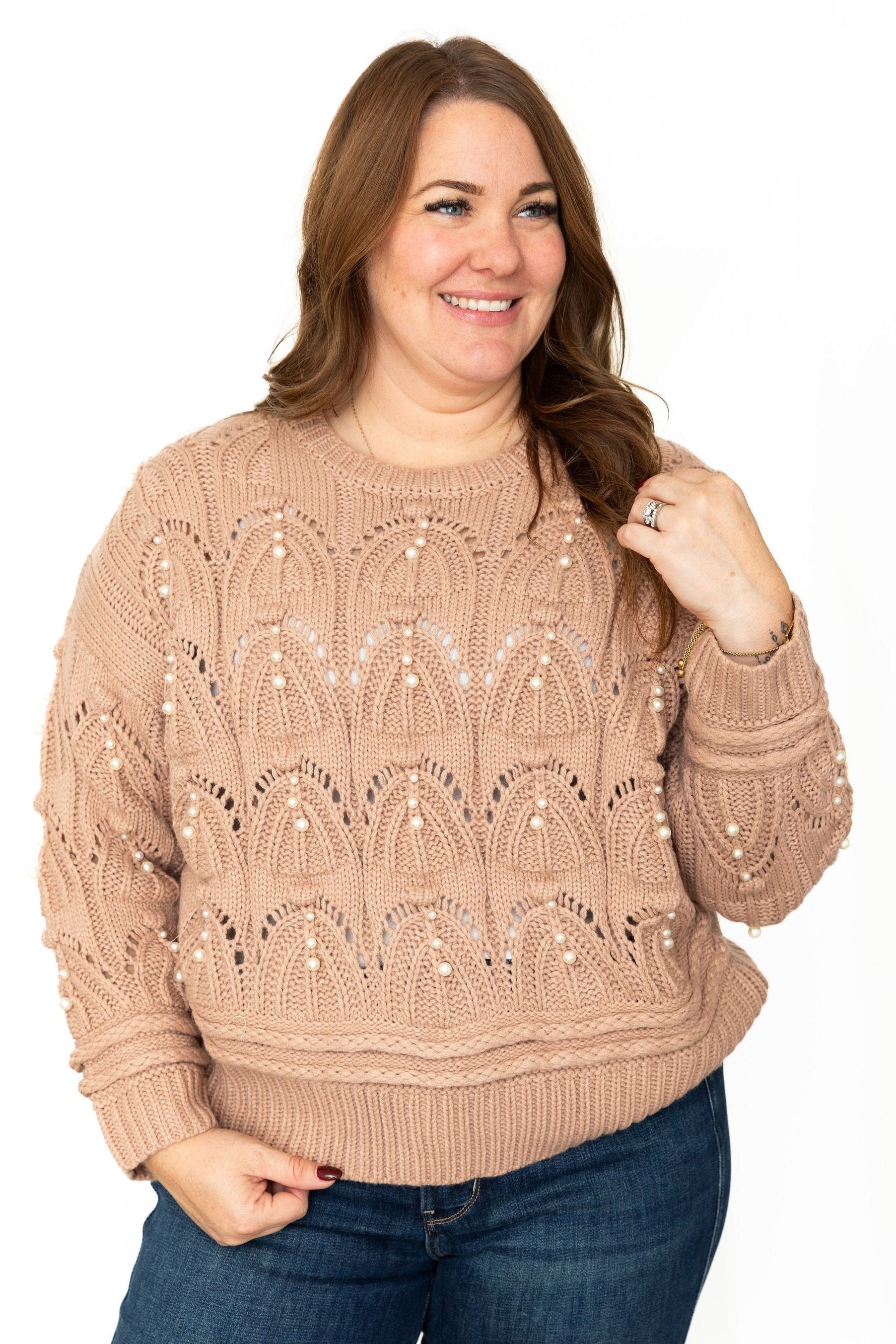 Patterned Pearl Trim Sweater - Light Mocha-Sweater- Hometown Style HTS, women's in store and online boutique located in Ingersoll, Ontario