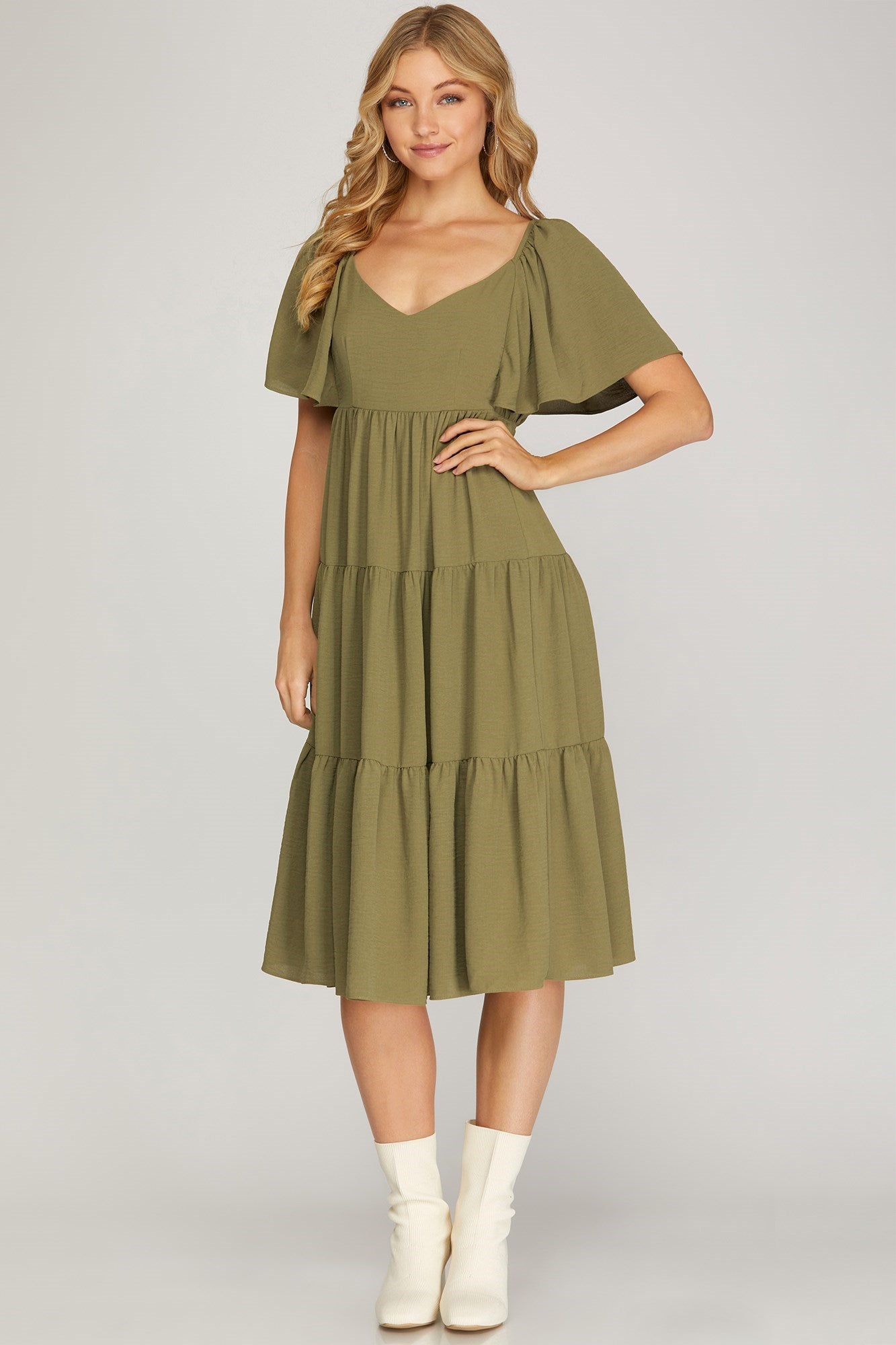 Flounce Sleeve, Tiered Midi Dress - Olive-Dress- Hometown Style HTS, women's in store and online boutique located in Ingersoll, Ontario