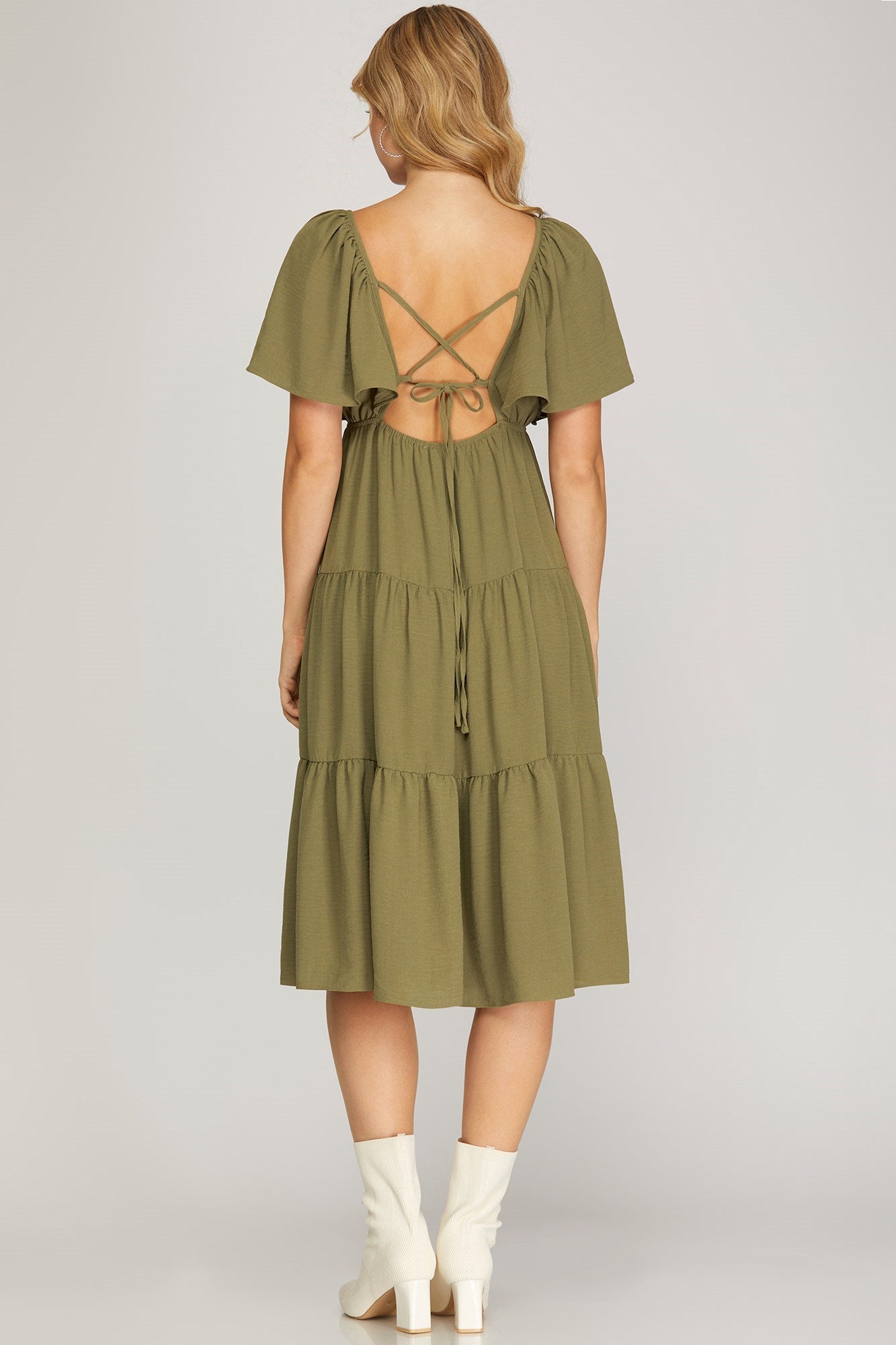 Flounce Sleeve, Tiered Midi Dress - Olive-Dress- Hometown Style HTS, women's in store and online boutique located in Ingersoll, Ontario