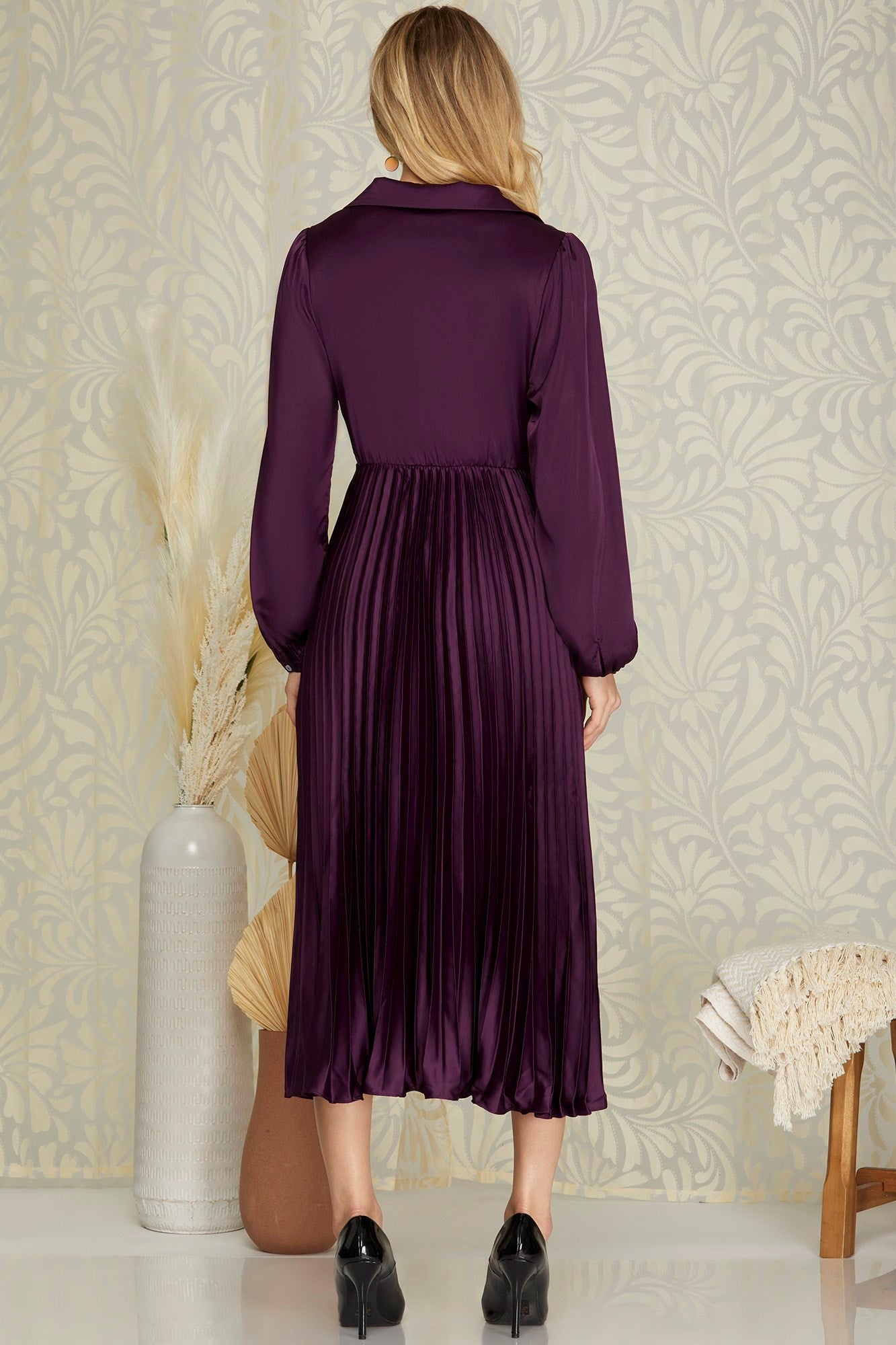 Satin Pleated Midi Dress - Plum-Dress- Hometown Style HTS, women's in store and online boutique located in Ingersoll, Ontario