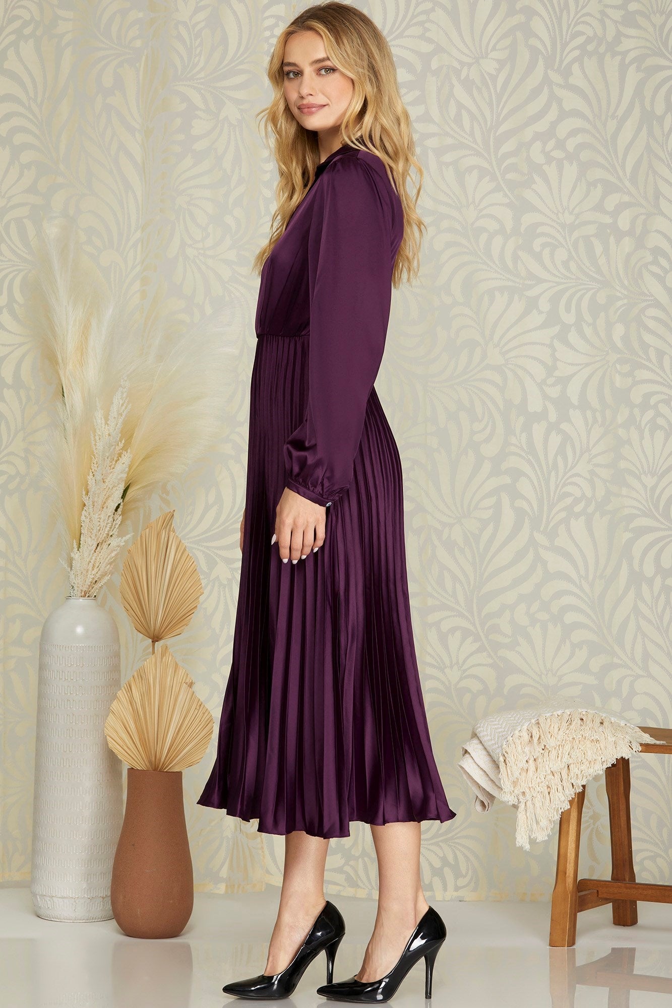Satin Pleated Midi Dress - Plum-Dress- Hometown Style HTS, women's in store and online boutique located in Ingersoll, Ontario