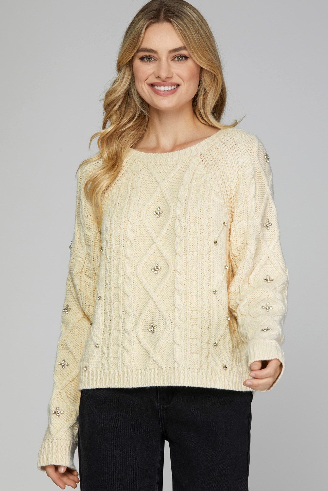 Rhinestone Cable Knit Sweater - Cream-Sweater- Hometown Style HTS, women's in store and online boutique located in Ingersoll, Ontario