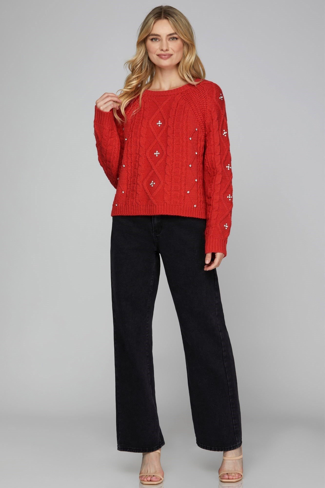 Rhinestone Cable Knit Sweater - Red-sweater- Hometown Style HTS, women's in store and online boutique located in Ingersoll, Ontario