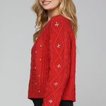 Rhinestone Cable Knit Sweater - Red-sweater- Hometown Style HTS, women's in store and online boutique located in Ingersoll, Ontario