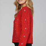 Rhinestone Cable Knit Sweater - Red-sweater- Hometown Style HTS, women's in store and online boutique located in Ingersoll, Ontario