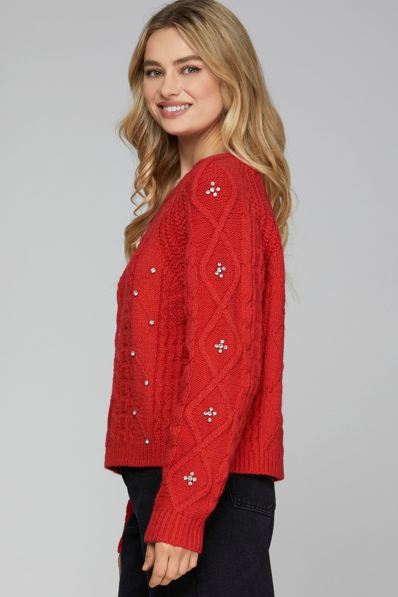 Rhinestone Cable Knit Sweater - Red-sweater- Hometown Style HTS, women's in store and online boutique located in Ingersoll, Ontario