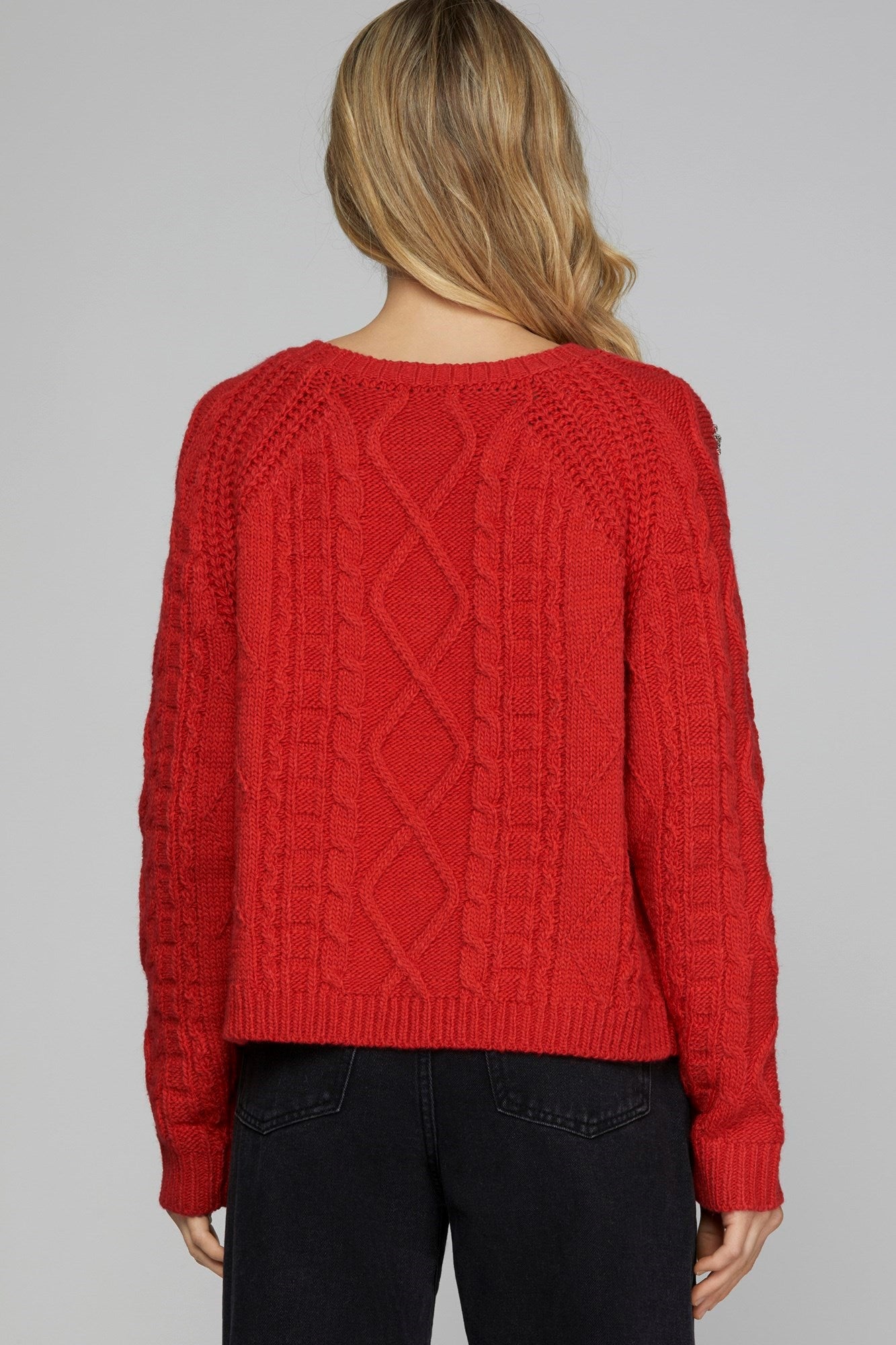 Rhinestone Cable Knit Sweater - Red-sweater- Hometown Style HTS, women's in store and online boutique located in Ingersoll, Ontario