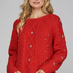 Rhinestone Cable Knit Sweater - Red-sweater- Hometown Style HTS, women's in store and online boutique located in Ingersoll, Ontario