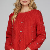 Rhinestone Cable Knit Sweater - Red-sweater- Hometown Style HTS, women's in store and online boutique located in Ingersoll, Ontario