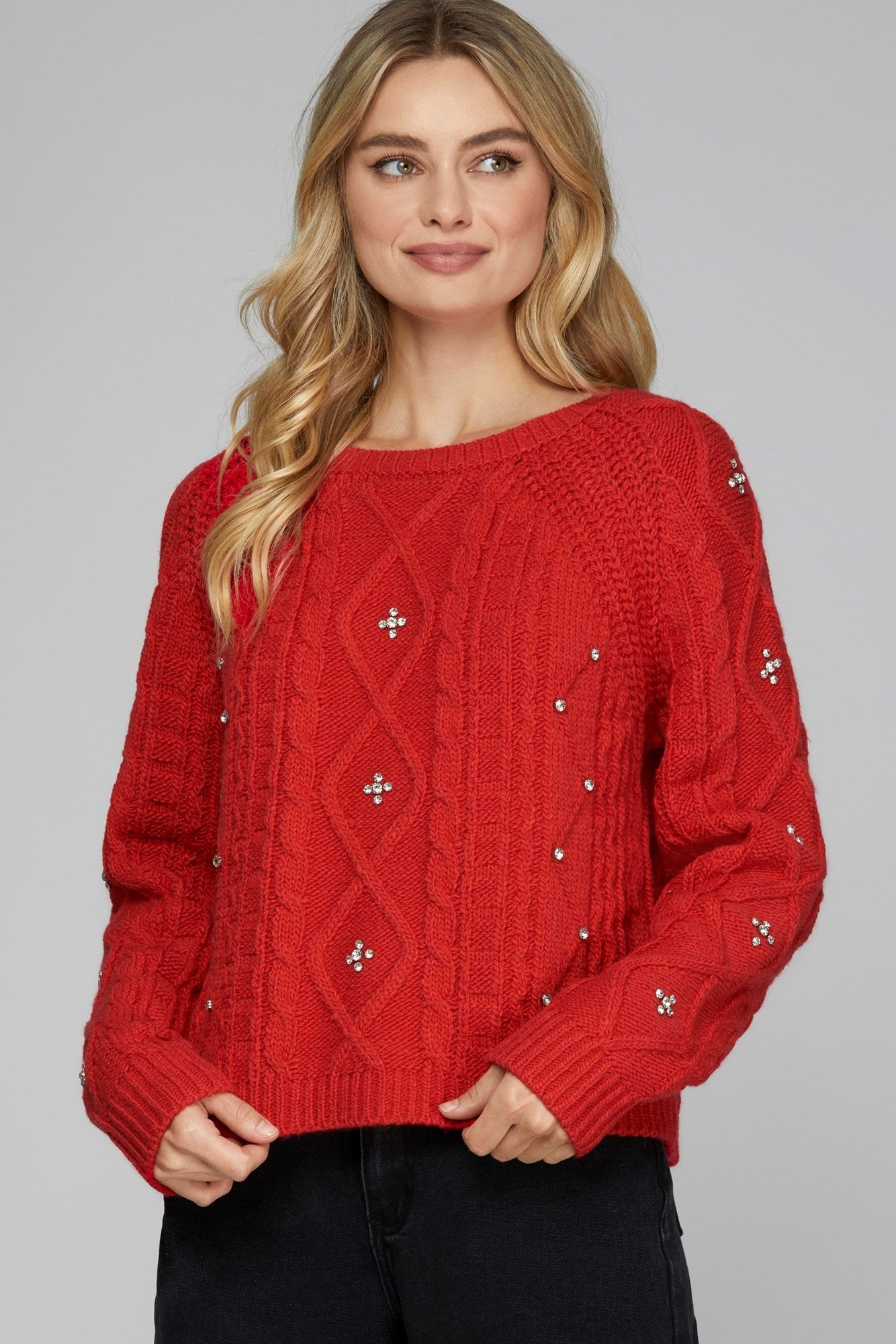 Rhinestone Cable Knit Sweater - Red-sweater- Hometown Style HTS, women's in store and online boutique located in Ingersoll, Ontario