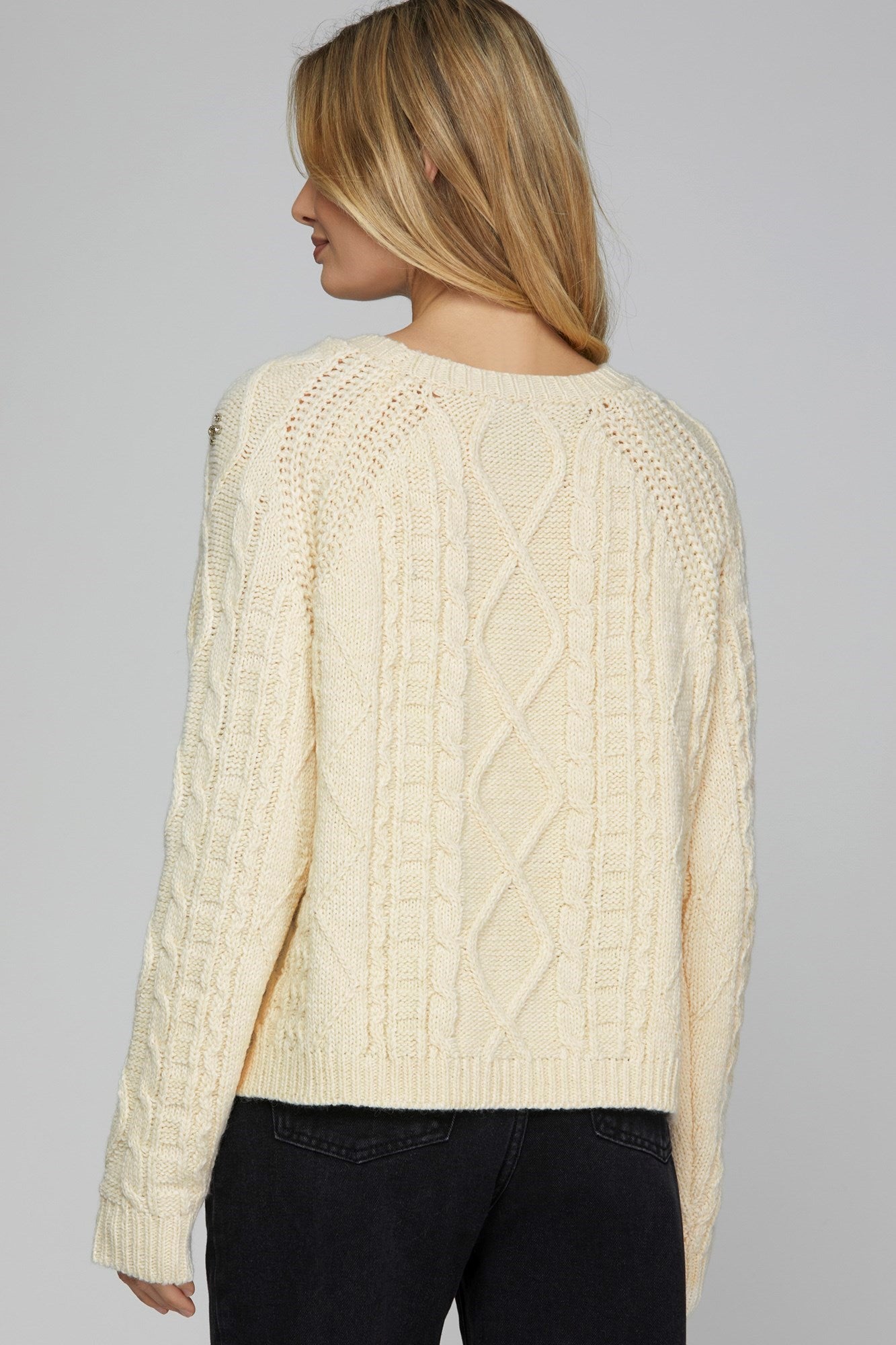 Rhinestone Cable Knit Sweater - Cream-Sweater- Hometown Style HTS, women's in store and online boutique located in Ingersoll, Ontario