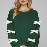 Ribbon Bow Sweatshirt - Green-sweater- Hometown Style HTS, women's in store and online boutique located in Ingersoll, Ontario