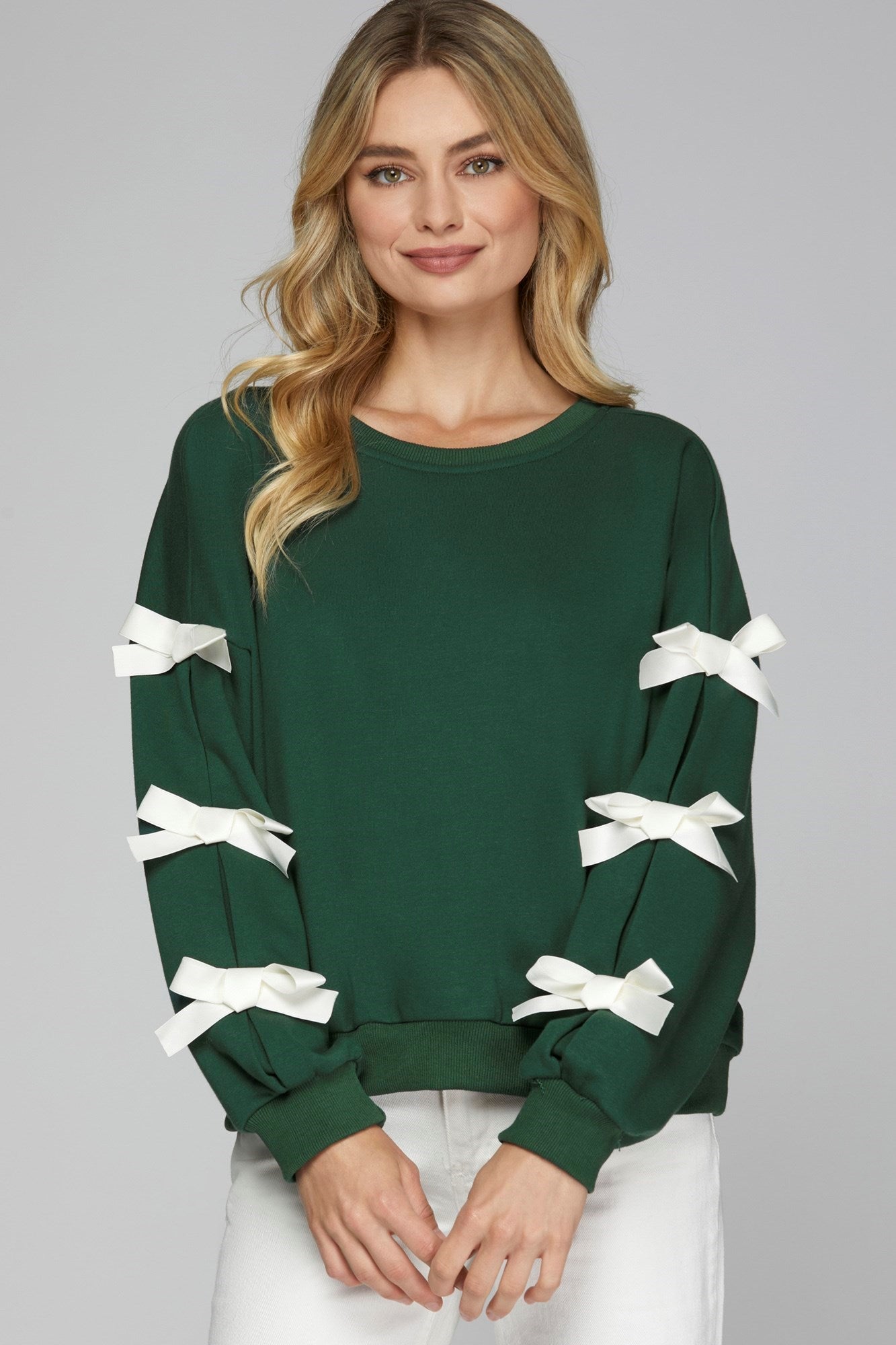 Ribbon Bow Sweatshirt - Green-sweater- Hometown Style HTS, women's in store and online boutique located in Ingersoll, Ontario