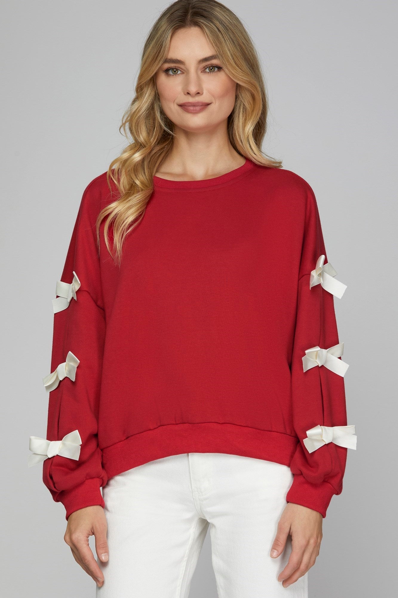 Ribbon Bow Sweatshirt - Red-sweater- Hometown Style HTS, women's in store and online boutique located in Ingersoll, Ontario