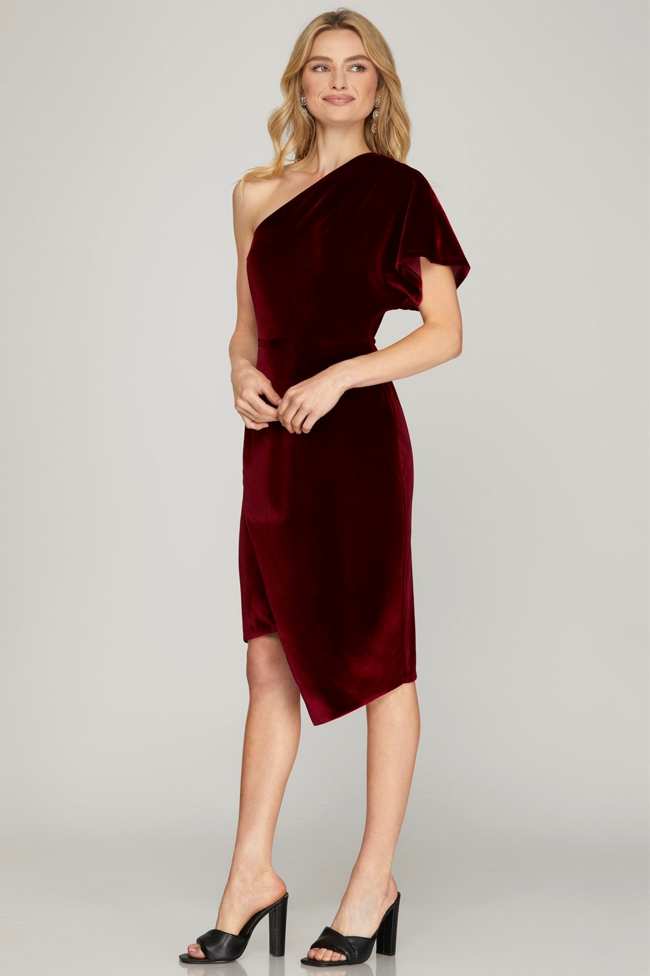 One Shoulder Velvet Wrap Dress - Wine-dresses- Hometown Style HTS, women's in store and online boutique located in Ingersoll, Ontario