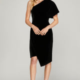 One Shoulder Velvet Wrap Dress - Black-Dress- Hometown Style HTS, women's in store and online boutique located in Ingersoll, Ontario