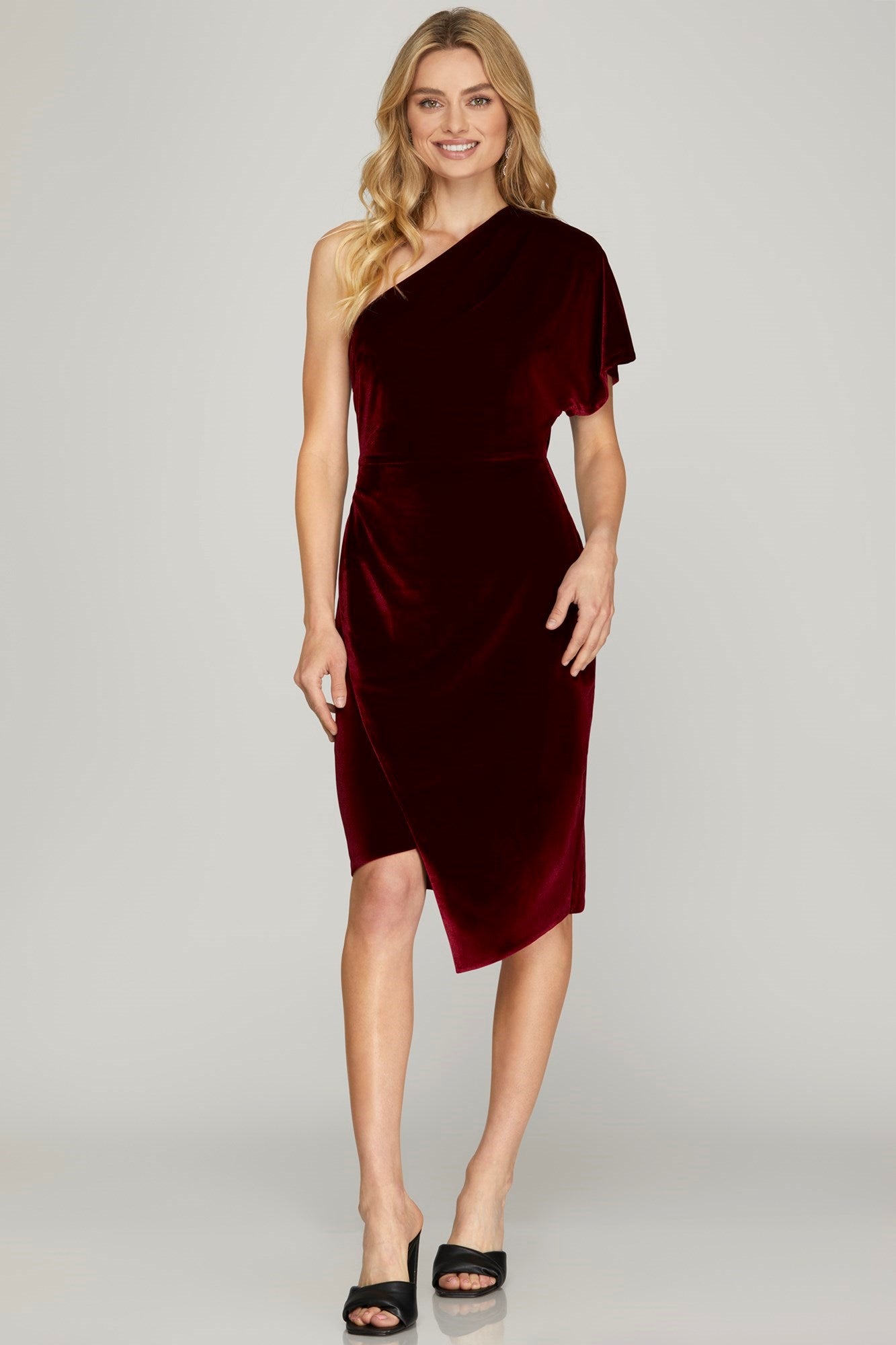 One Shoulder Velvet Wrap Dress - Wine-dresses- Hometown Style HTS, women's in store and online boutique located in Ingersoll, Ontario