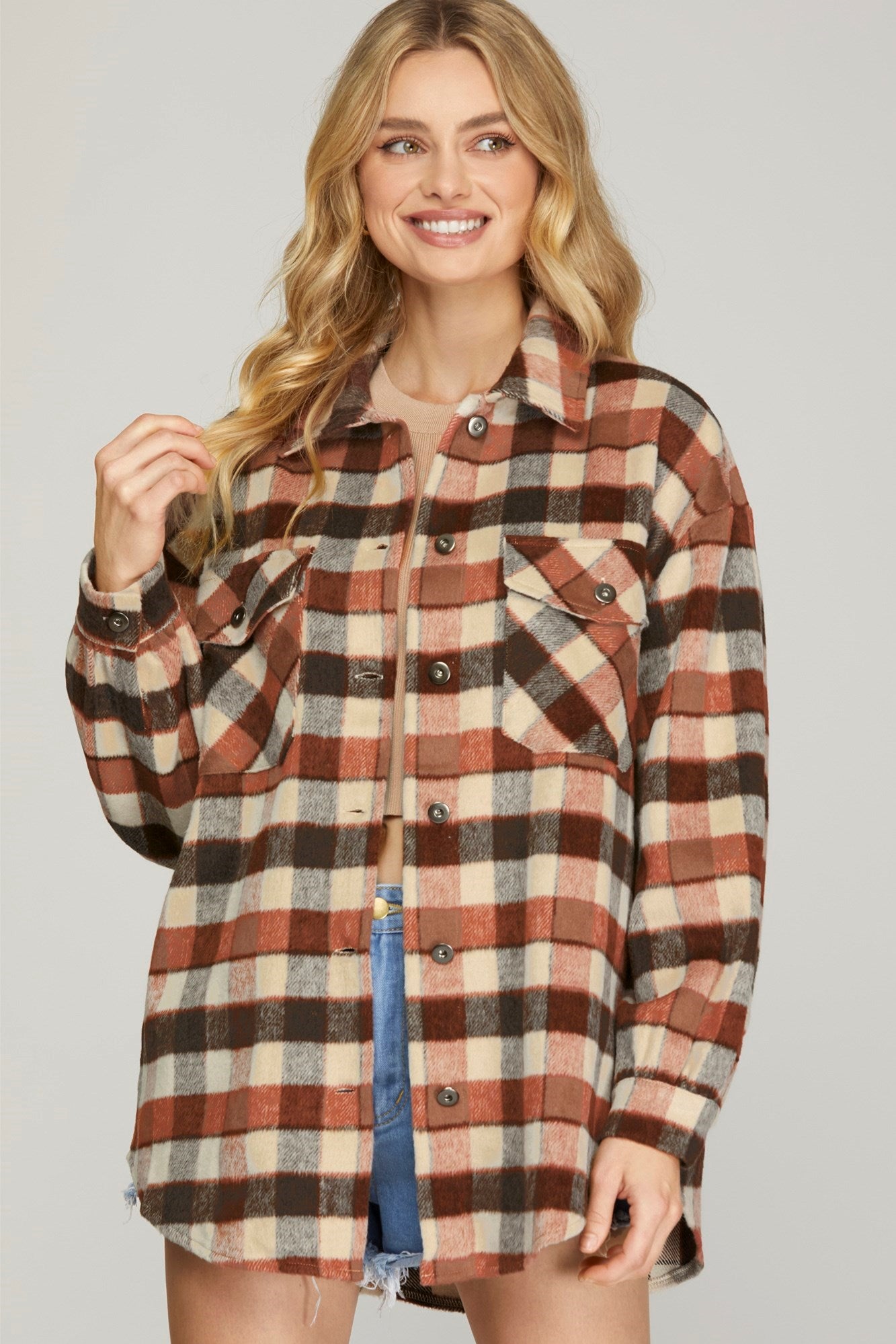 Plaid Shacket - Cinnamon-jacket- Hometown Style HTS, women's in store and online boutique located in Ingersoll, Ontario